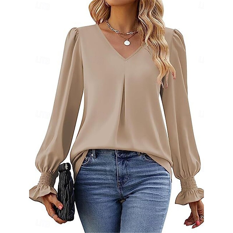 Women's Shirt Blouse Solid Color Basic Casual Long Sleeve V Neck Regular Tops Daily Red Fuchsia Khaki Fall Winter3