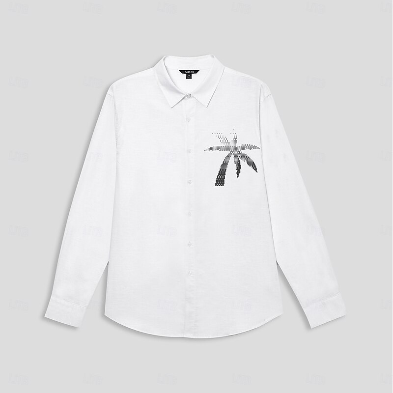 Men's Cotton Linen Shirt Palm Tree Outdoor Vacation White Blue Long Sleeve Turndown Summer Spring Clothing Apparel2