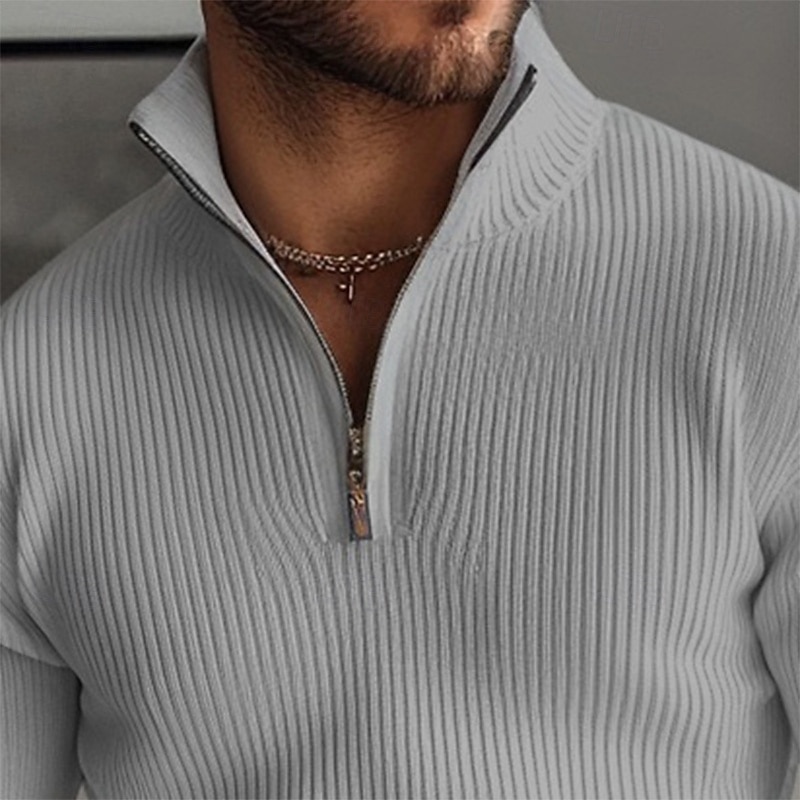 Men's Sweater Zip Sweater Quarter Zip Sweaters Ribbed Chunky Knit Classic Half Zip Solid Color Stand Collar Elegant Vintage Formal Home Clothing Apparel Bishop Sleeve Fall Winter Black Khaki M L XL2