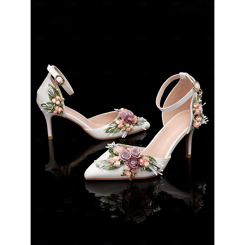 Women's White Wedding Heels with Floral Embellishments - Elegant Pointed Toe Design, Ankle Strap, and Stiletto Heel, Perfect for Bridal and Special Occasions3