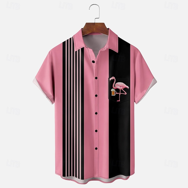 Men's Flamingos Bowling Shirt Button Up Shirt Short Sleeve Hawaiian Formal Sport Summer Turndown Pocket Pink