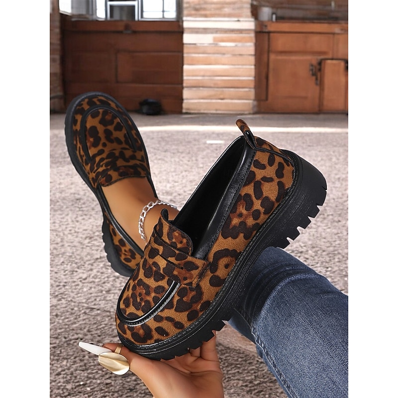Women's Leopard Print Chunky Loafers - Suede Slip-On Shoes with Rugged Sole, Perfect for Casual and Streetwear Styles 6