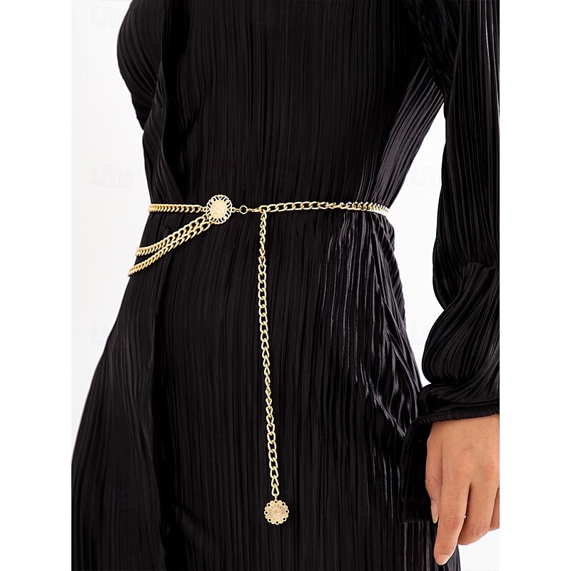 Women's Gold Chain Belt with Multi-Layer Design and Decorative Medallions - Perfect for Dresses, Evening Wear, and Party Looks