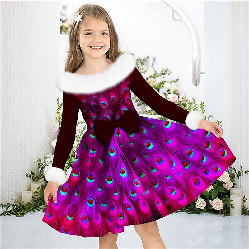 Girls' 3D Peacock Dress Long Sleeve 3D Print Fall Winter Vacation Sports & Outdoor Daily Cute Casual Beautiful Kids 3-12 Years Casual Dress Swing Dress A Line Dress Above Knee Regular Fit3