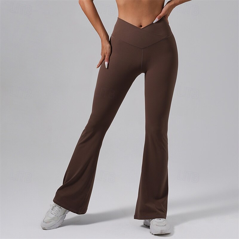 Women's Yoga Pants Flares Flare Leg Elastic Waistband High Waist Pilates Gym Workout Workout Pants Solid Color Black Coffee Fall Sports Activewear Stretchy Slim2