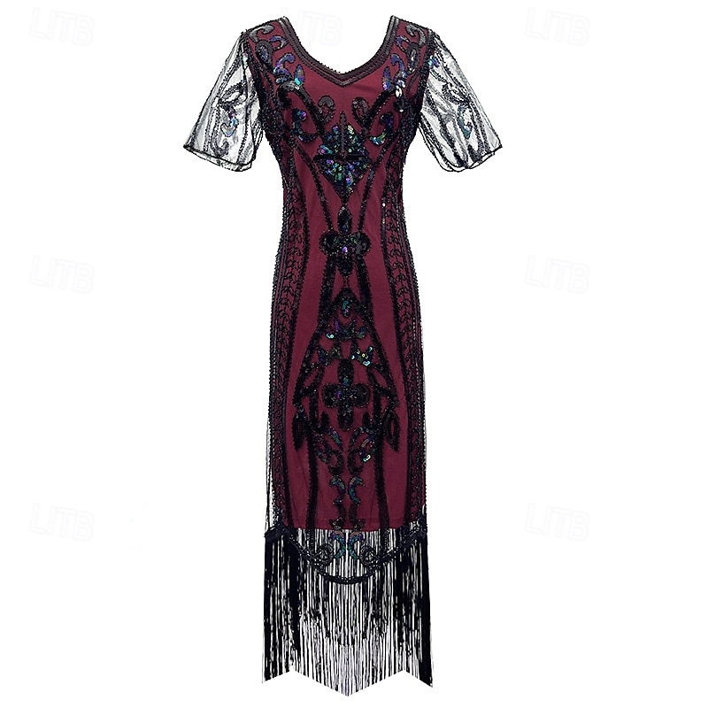 1920s Vintage Inspired The Great Gatsby Short Length Masquerade Illusion Sleeve The Great Gatsby Wedding Guest Sequins Sequin V Neck Fancy Dress Women's Carnival Masquerade Casual Daily Party4