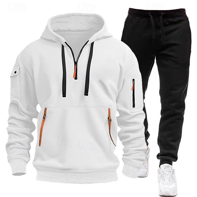 Men's Hoodie Tracksuit Sweatsuit Black White Navy Blue Blue Light Grey Hooded Half Zip Plain 2 Piece Sports & Outdoor Daily Holiday Polyester Streetwear Casual Spring &  Fall Clothing Apparel Hoodies2