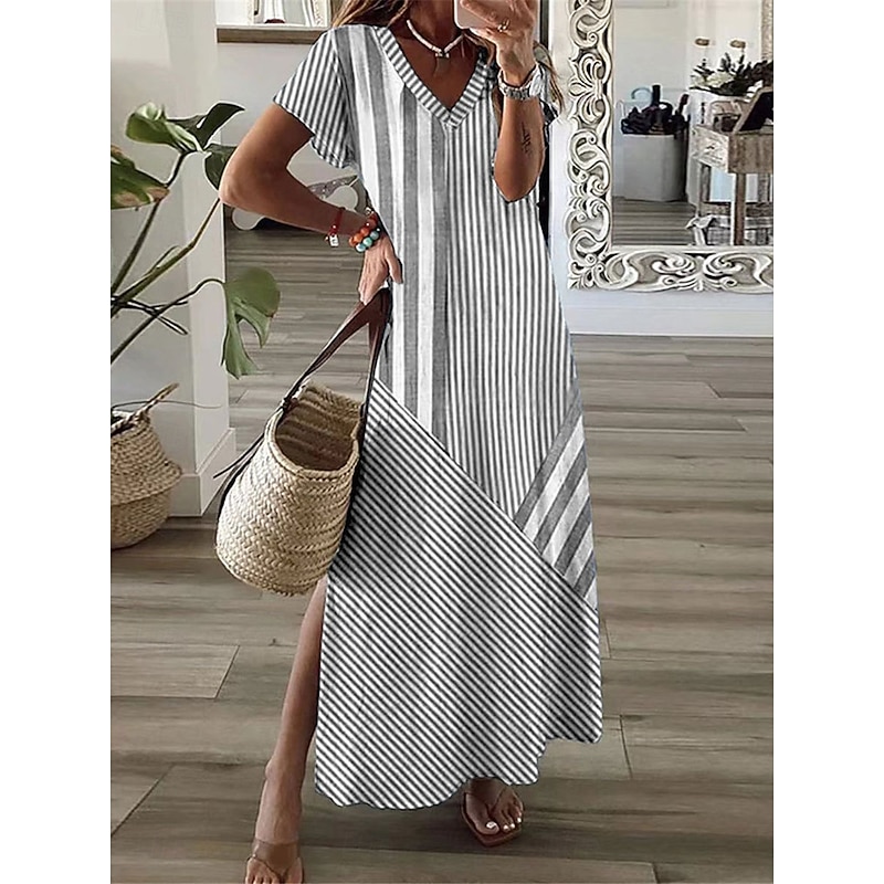 Women's Stripe V Neck Maxi Dress Short Sleeve Summer3