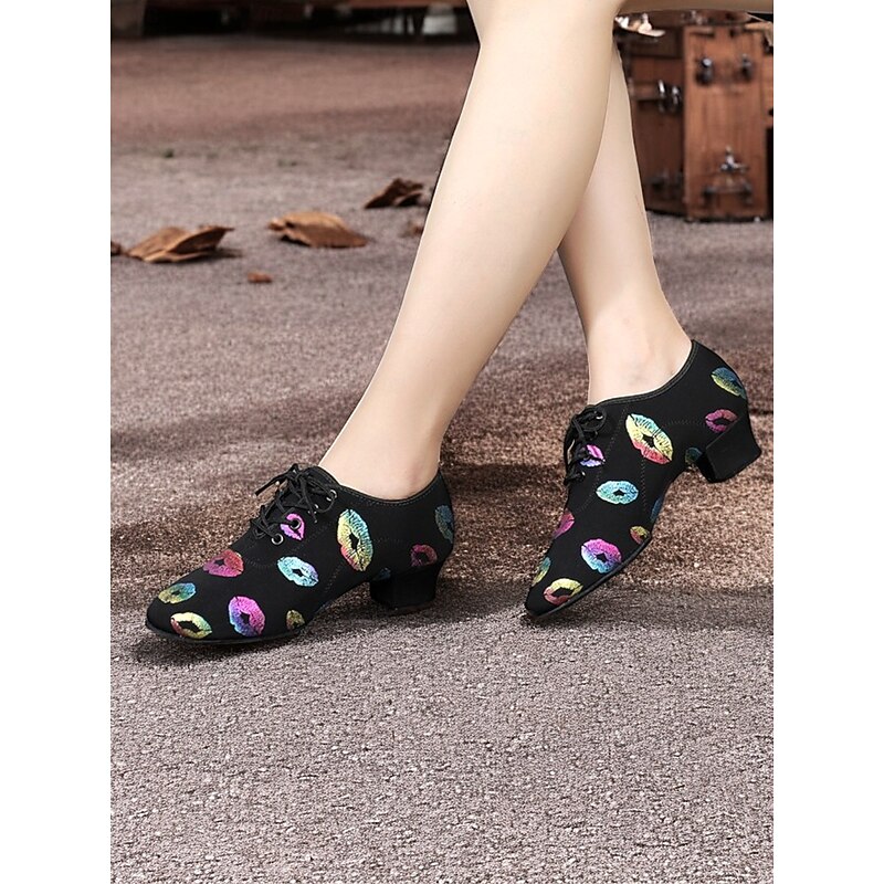 Women's Latin Dance Shoes with Multicolor Lip Print | Lace-Up Low Heel Jazz Ballroom Shoes2