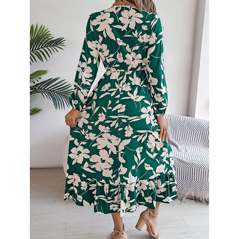 Women's Midi Dress Casual Dress Swing Dress A Line Dress Casual Daily Regular Fit Floral Long Sleeve V Neck Wine Green Khaki Summer Spring Fall2
