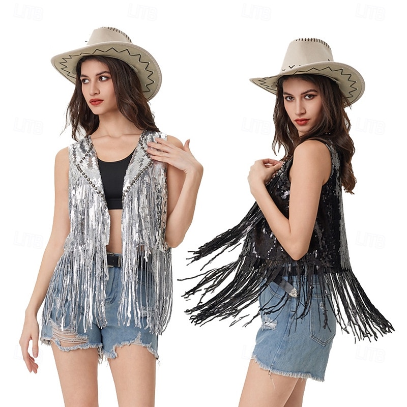 Retro Vintage 1960s 1970s Vest Hippie Disco Sequins Tassel Fringe Fancy Dress Women's Girls' Christmas Halloween Carnival Performance Event / Party Pride Parade Adults' Vest3