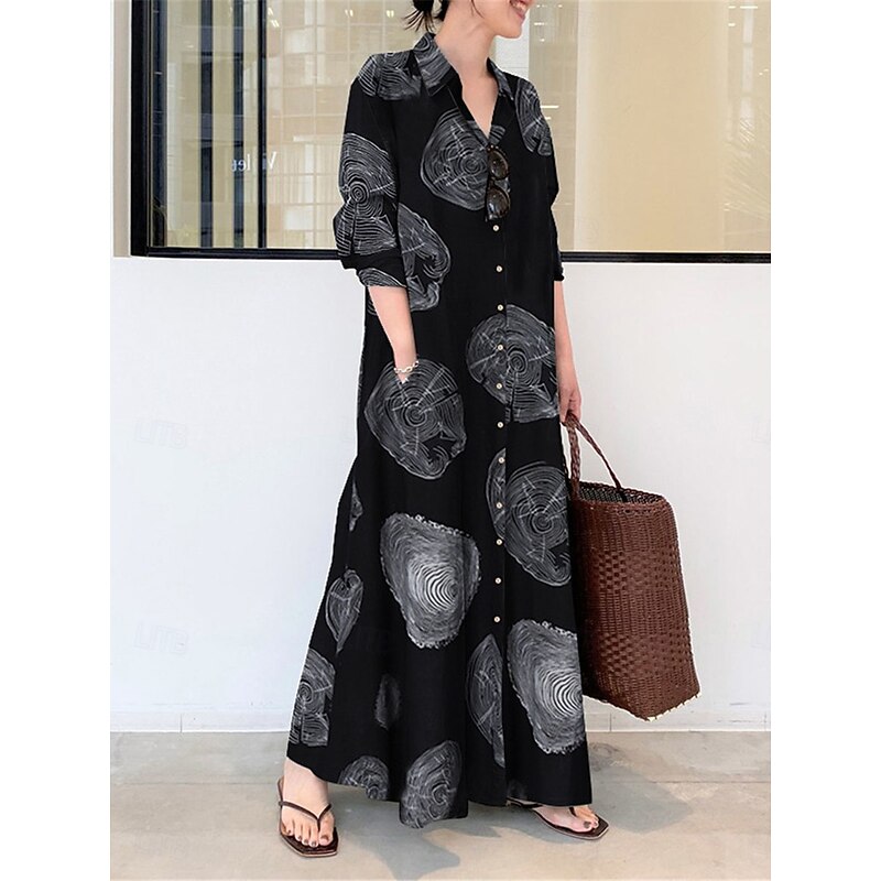Women's Maxi Dress Shirt Dress Casual Dress Swing Dress Casual Daily Regular Fit Floral Long Sleeve Shirt Collar Black Yellow Red Spring Fall4