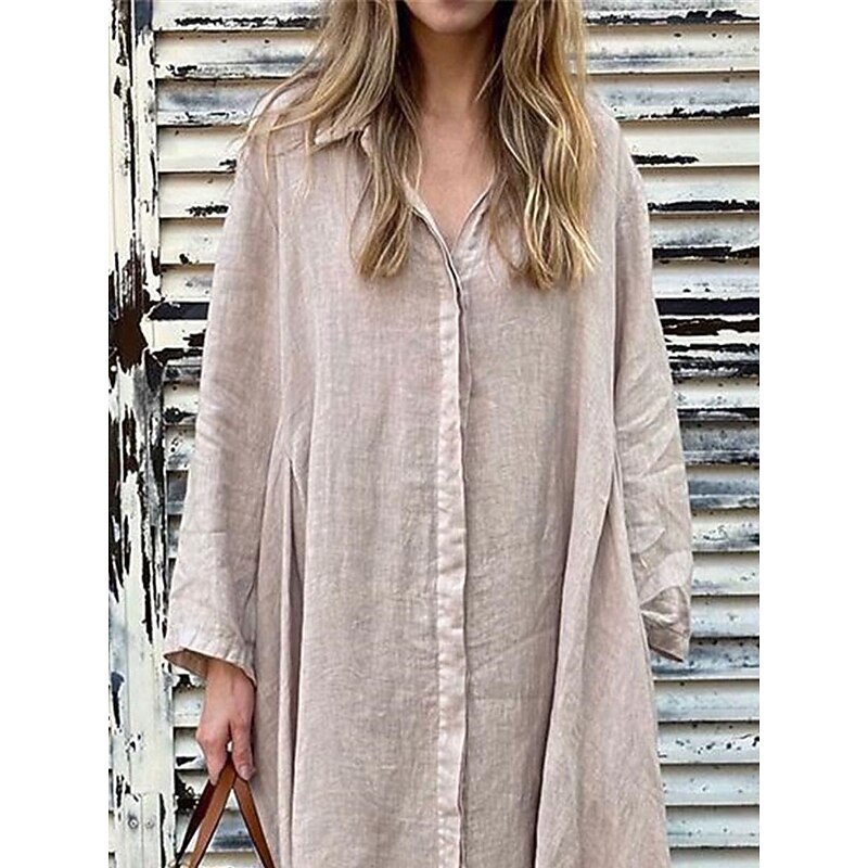 Women's Maxi Dress Linen-Inspired Dresses Shirt Dress Casual Dress Plain Dress Casual Sports & Outdoor Street Regular Fit Plain Long Sleeve Shirt Collar Green Apricot Spring Fall4