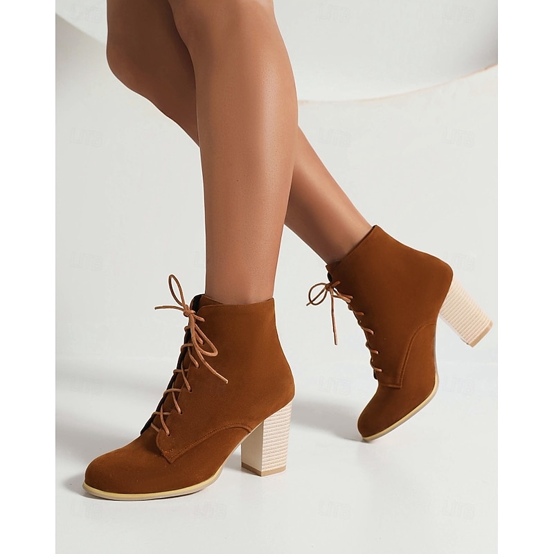 Women's Tan Lace-Up High Heel Ankle Boots with Block Heels – Stylish Vintage-Inspired Footwear for Fall and Casual Outfits