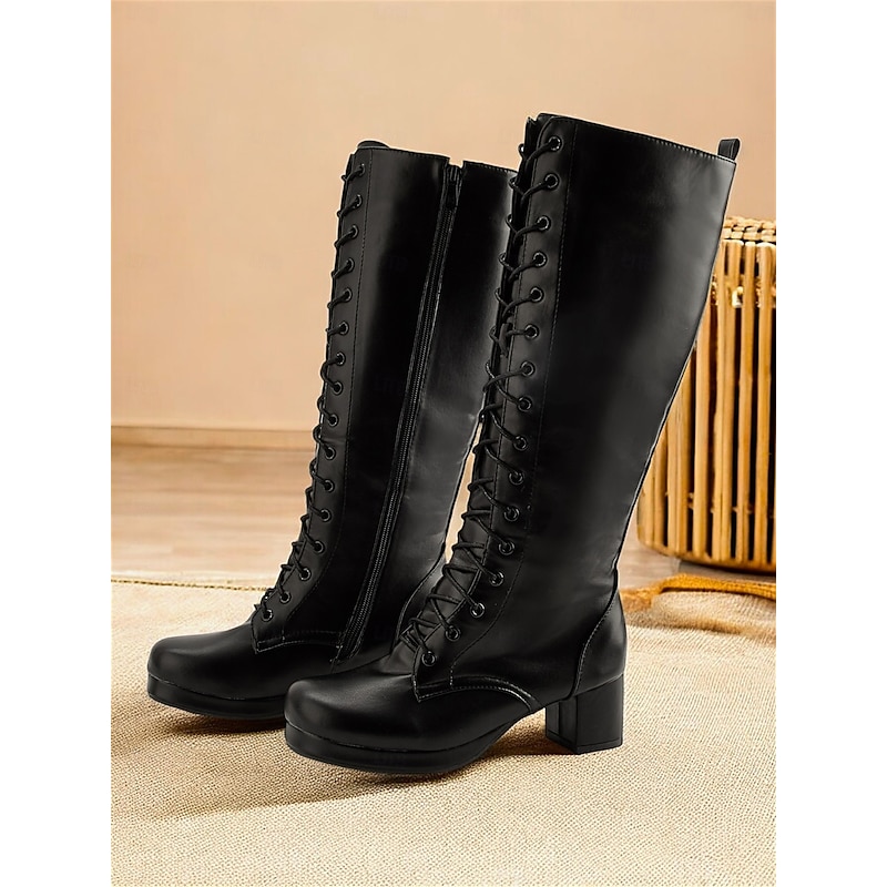 Women's Vintage Lace-Up Knee-High Boots – Chunky Heel Retro Style for Cosplay, Costume, and Everyday Fashion3