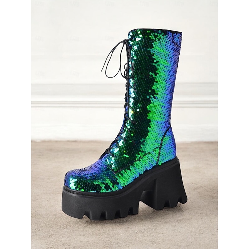 Women's Sequin Lace-Up Platform Boots – Green and Blue Shiny Chunky Heel Boots for Parties, Festivals, and Cosplay