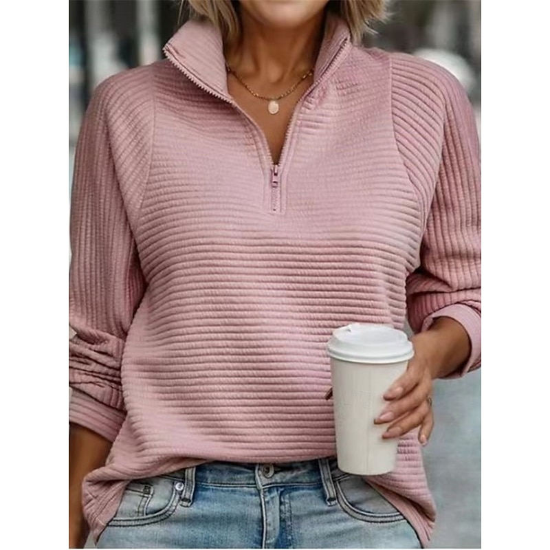 Women's Sweatshirt Casual Textured Plain Street Dailywear Turtleneck Zipper Long Sleeve White Pink Gray Fall Winter