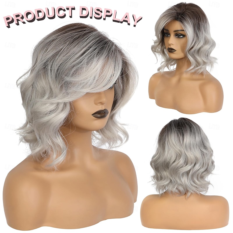 Wavy Curly Short Bob Wig With Bangs For Women Girls Daily Use Side Part Synthetic Hair Replacement Wigs Natural Looking2
