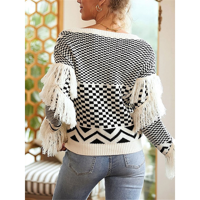 Women's Sweater Casual Soft Pure Color Ribbed V Neck Patchwork Tassel Knitted Long Sleeve Regular Tops Knit Outdoor Daily Weekend Apricot Fall Winter2