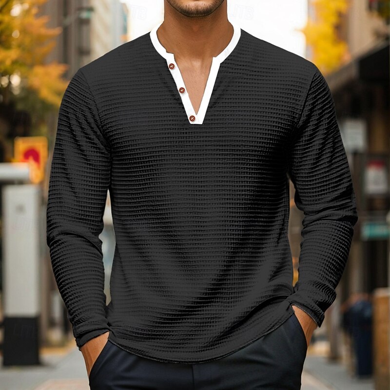 Men's Waffle Henley Shirt Tee Top Long Sleeve Shirt Long Sleeve Henley Summer Solid Color Fashion Designer Comfortable Buttons V Neck Outdoor Casual Daily Black White Blue Top Tee for Men4