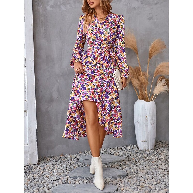 Women's Floral V Neck Midi Dress Long Sleeve Summer Spring