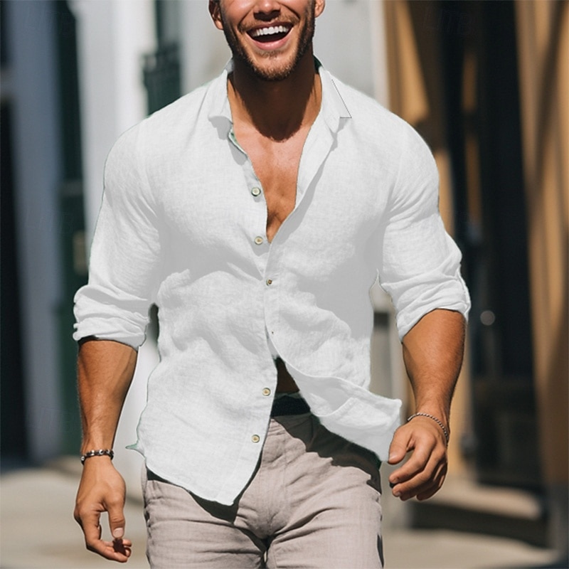 Men's Linen Shirt Summer Shirt Beach Wear Casual Shirt Button Up Shirt Plain Vacation Casual Black White Pink Green Long Sleeve Lapel Spring & Summer Clothing Apparel2