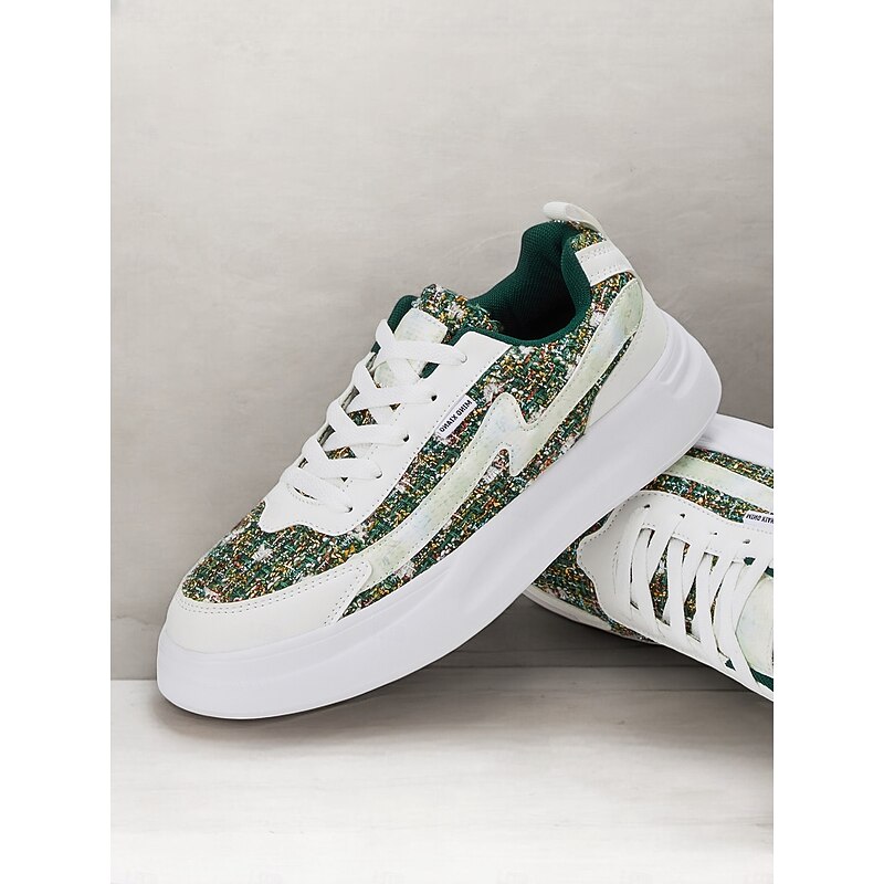Women's Green Tweed Sneakers – Stylish Lace-Up Casual Shoes with Comfortable White Soles for Everyday Fashion4