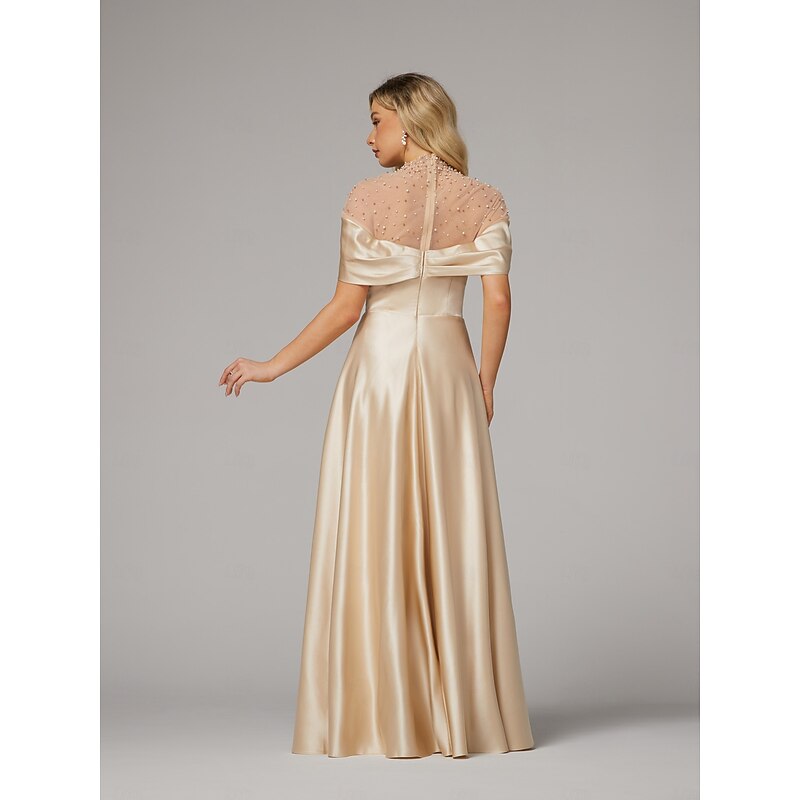 A-Line Evening Gown Elegant Dress Formal Floor Length Short Sleeve Illusion Neck Satin with Ruched Beading2