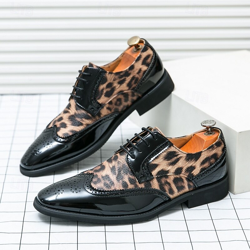 Men's Leopard Print Oxford Shoes - Patent Faux Leather Accents with Brogue Detailing for Formal and Party Occasions3