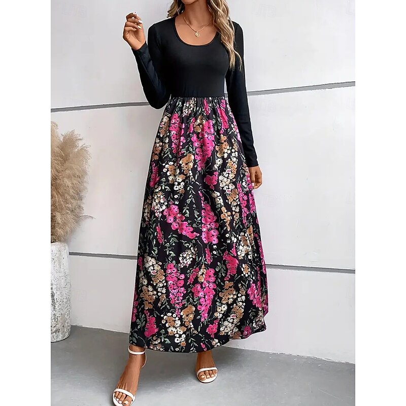 Women's Floral Crew Neck Maxi Dress Long Sleeve Spring Fall4