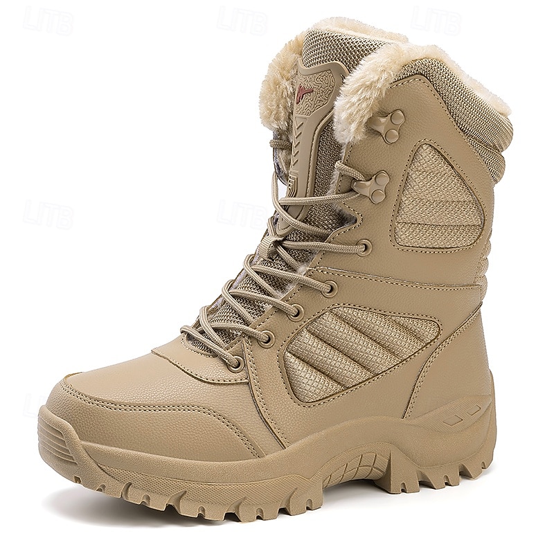 Men's Tactical Winter Boots - Tan Fur-Lined, Insulated, Waterproof, Rugged Sole, Ideal for Cold Weather Outdoor Activities 9