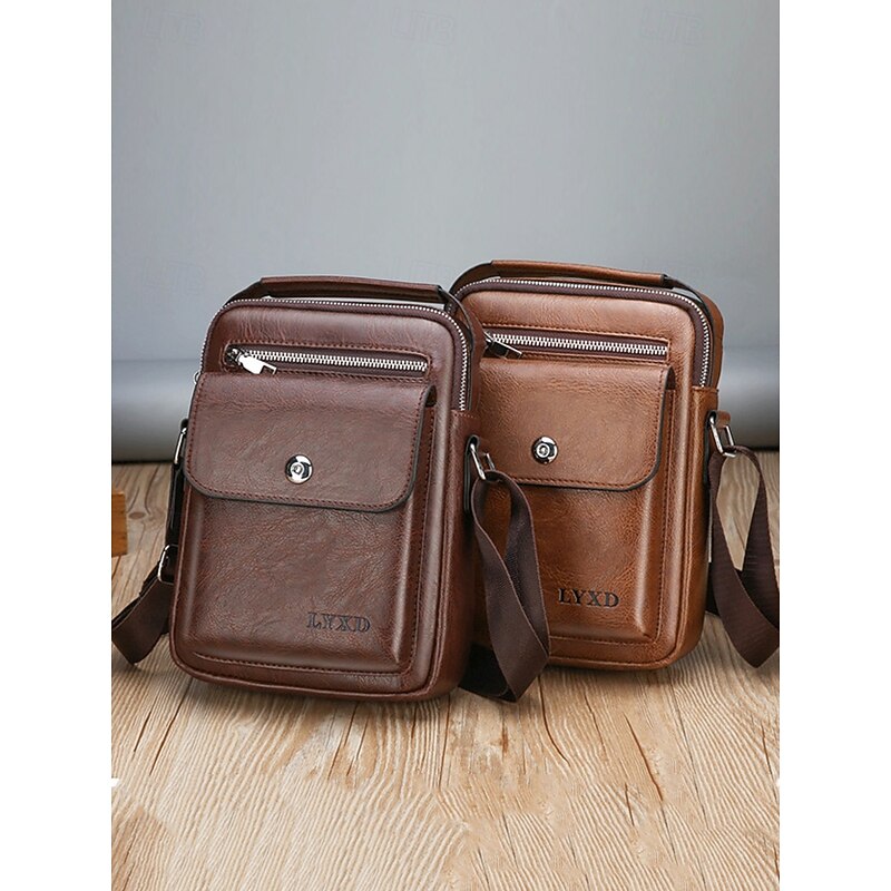 Men's Vintage Brown Faux Leather Crossbody Bag – Compact Shoulder Bag with Multiple Pockets for Travel, Work, and Everyday Use4