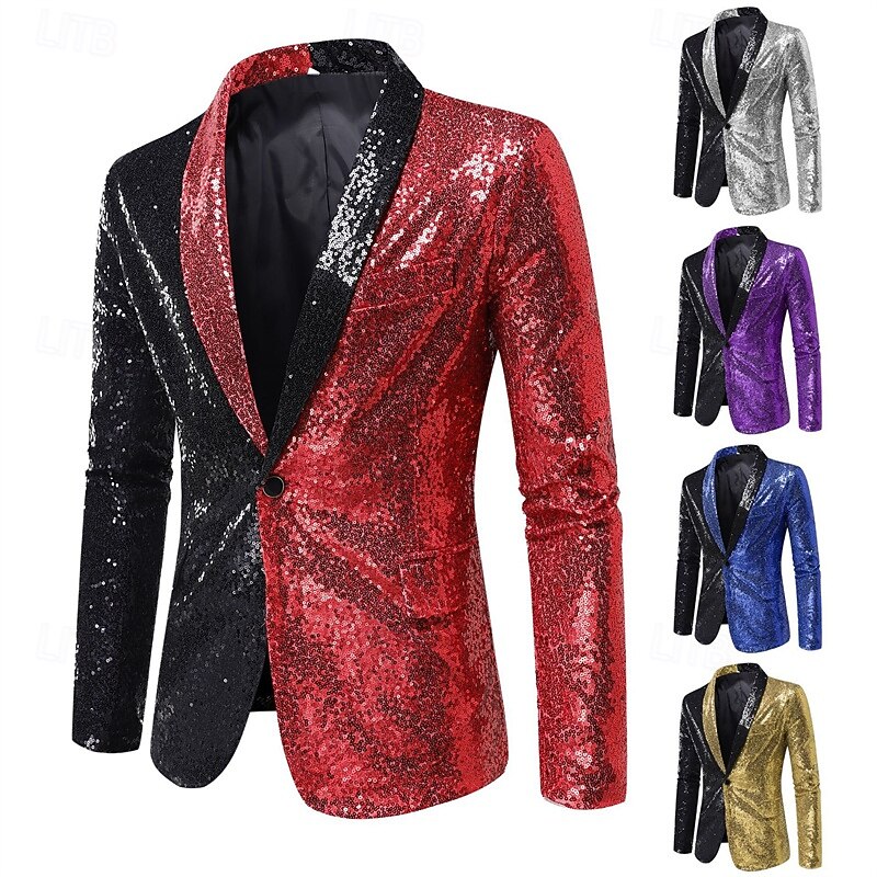 Men's Blazer Business Cocktail Party Wedding Party Fashion Casual Spring &  Fall Polyester Color Block Pocket Buttons Comfortable Single Breasted Blazer Silver Red Royal Blue Purple