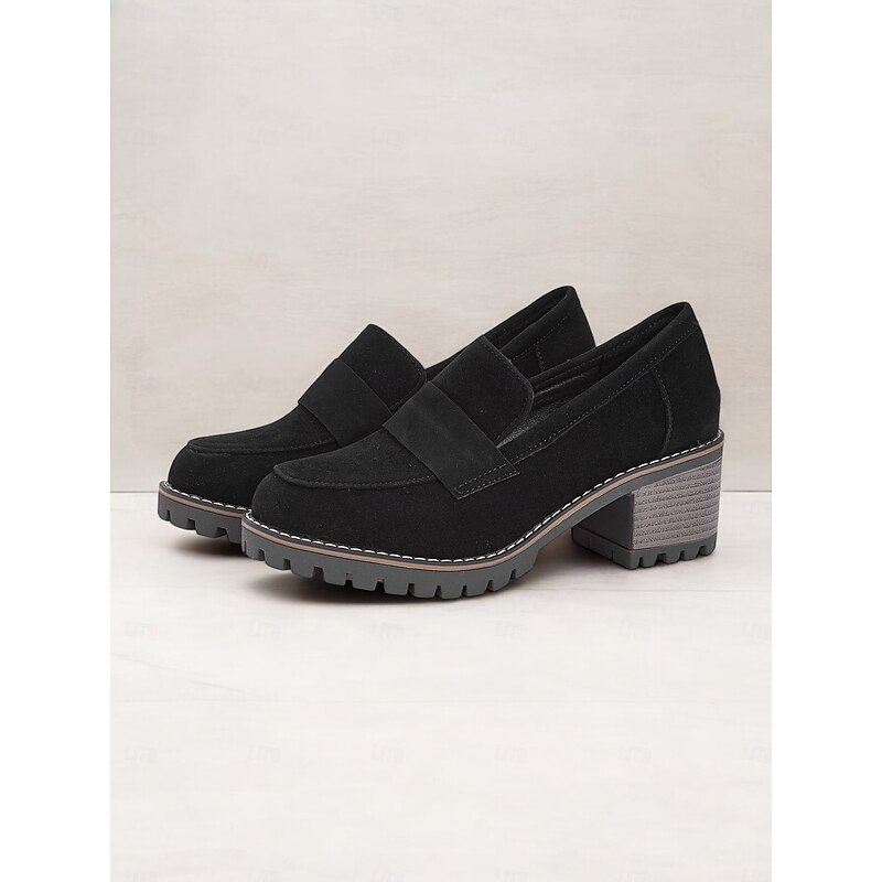 Women's Black Suede Chunky Loafers - Rugged Sole with Block Heel for Casual and Everyday Wear