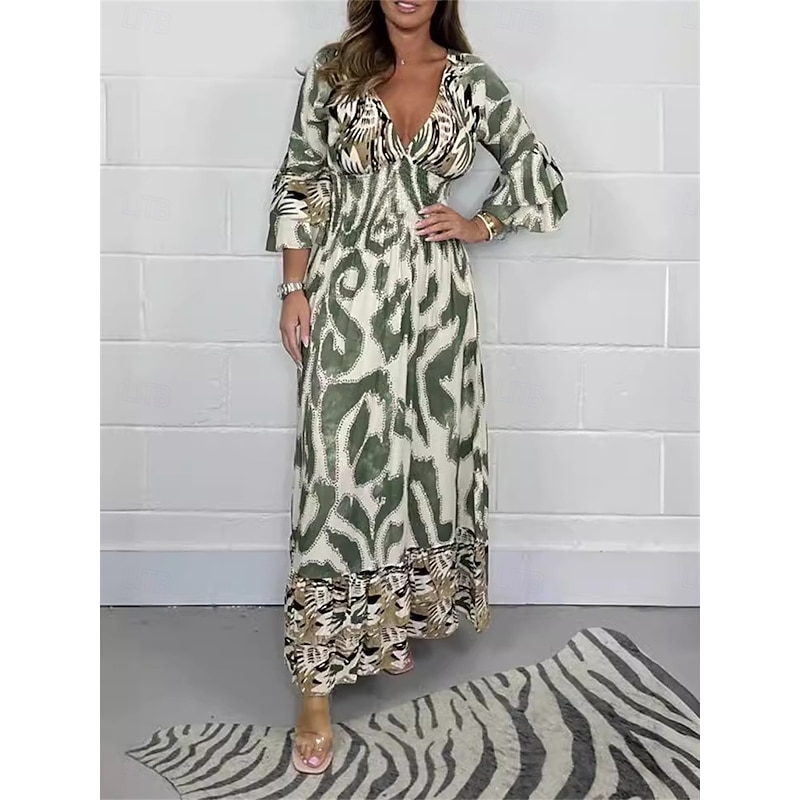 Women's Maxi Dress Casual Dress Swing Dress A Line Dress Boho Dress Casual Daily Regular Fit Floral 3/4 Length Sleeve V Neck Black Green Apricot Summer Spring Fall3