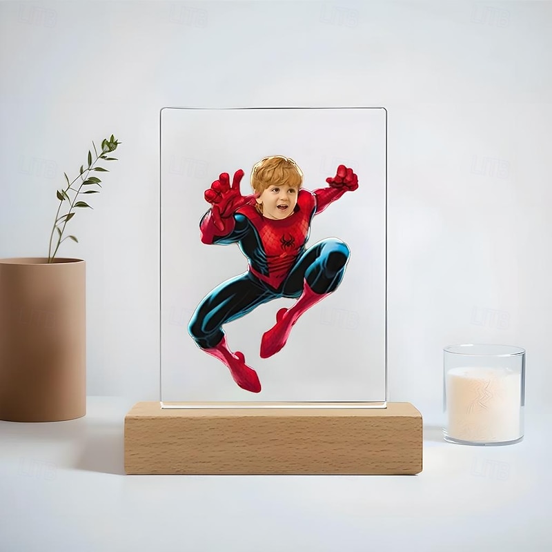 Personalized Photo USB Night Light Custom Spider Superhero Kid Face Acrylic Night Light Christmas Decoration Gifts for Superhero Fans4