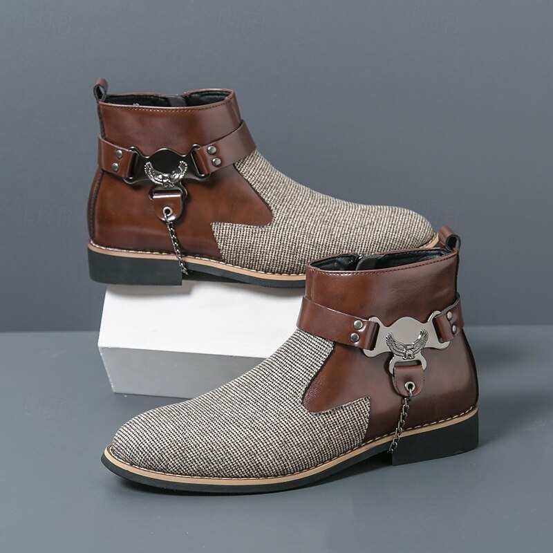 Men's Corduroy and Faux Leather Ankle Boots – Stylish Brown and Blue Design with Metal Eagle Detail, Western Cowboy-Inspired Fashion for Casual and Formal Occasions3