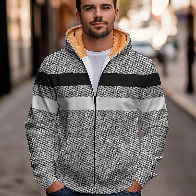 Men's Color Block Fleece Hoodies Fashion Cool Long Sleeve Hooded Holiday Streetwear Black Blue Zipper Pocket Fall Winter Designer3