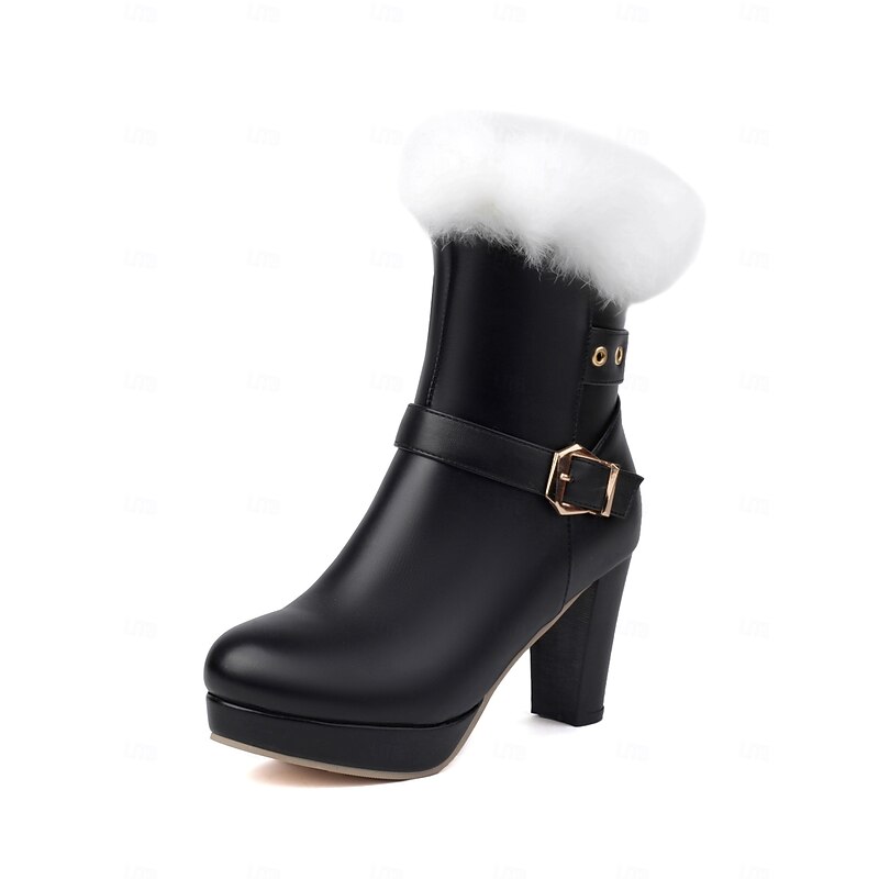 Women's Black Platform Ankle Boots with Faux Fur Cuff, Buckle Detail, and High Block Heels - Stylish Winter Footwear for Parties and Casual Wear4