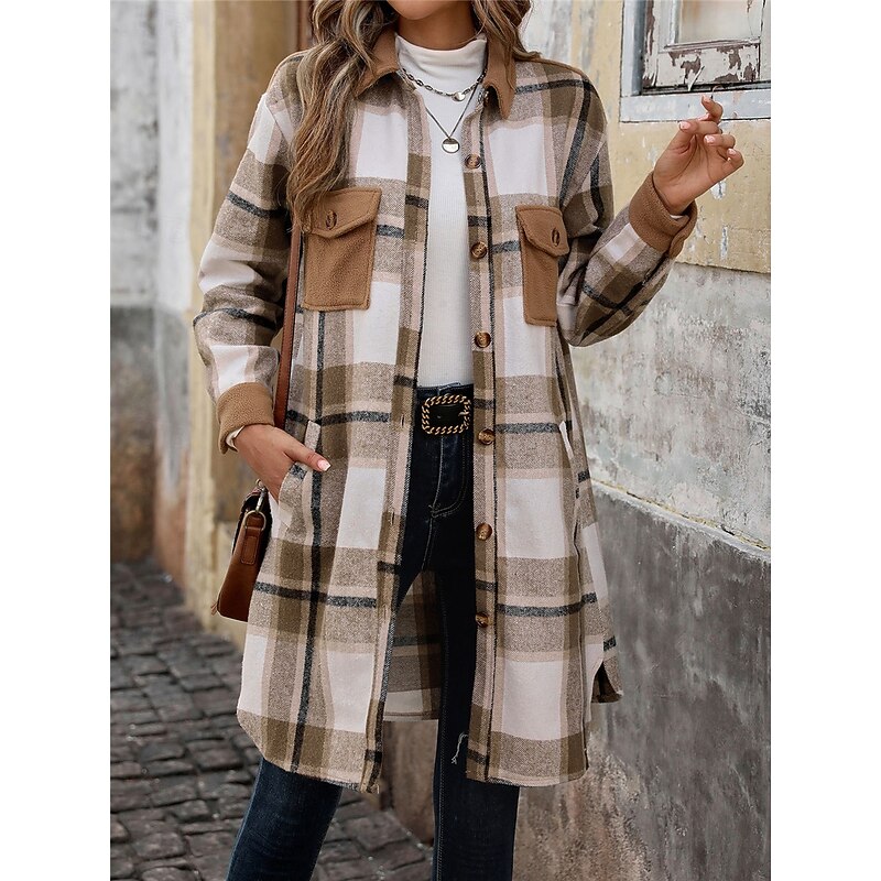 Women's Winter Coat Outdoor Street Daily Wear Fall Winter Long Coat Regular Fit Thermal Warm Breathable Stylish Casual Jacket Long Sleeve Stripes and Plaid with Pockets Print Wine Coffee Gray