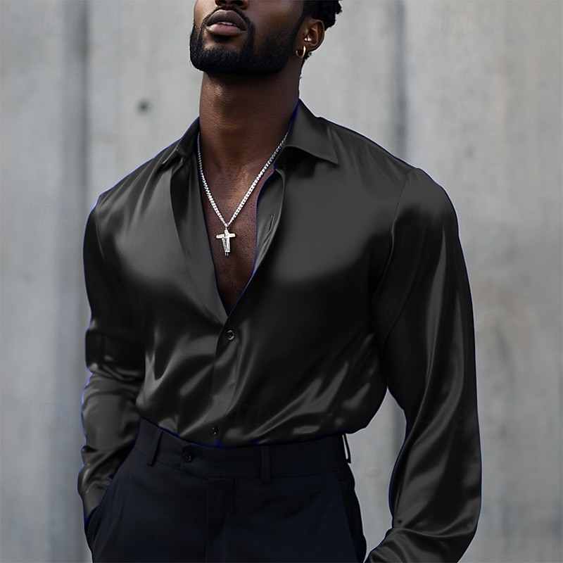 Men's Shirt Satin Shirt Casual Shirt Button Up Shirt Plain Wedding Vacation Black White Wine Blue Long Sleeve Lapel Spring &  Fall Clothing Apparel Buttons4