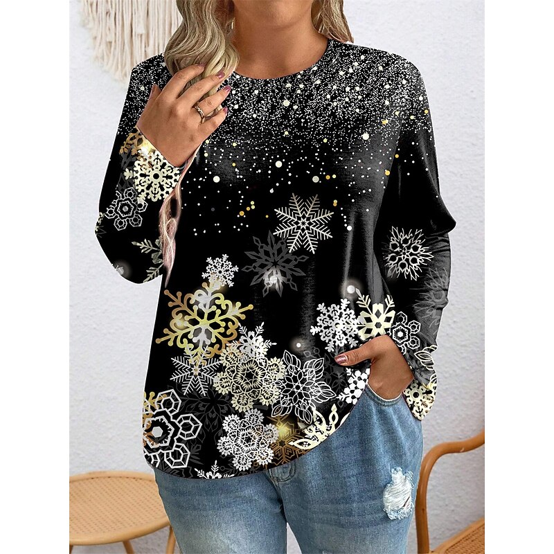 Women's Plus Size Tops T shirt Snowflake Print Long Sleeve Crew Neck Casual Daily Fall Winter Black