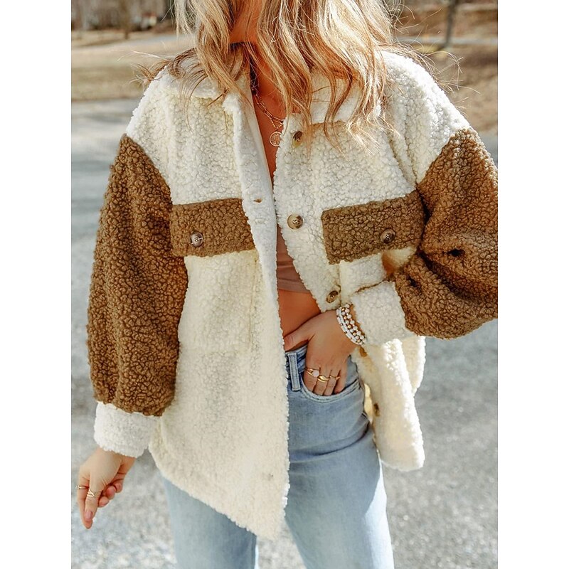 Women's Teddy Coat Hoodie Jacket Warm Breathable Pocket Fleece Lined Casual Plain Vacation Street Daily Wear Going out Single Breasted Regular Turndown Regular Fit Long Sleeve Outerwear Pink Brown2