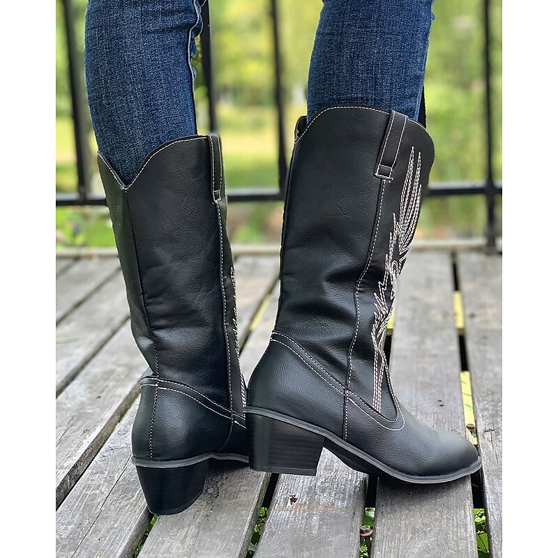 Women's Western Cowboy Boots – Classic Mid-Calf Brown Faux Leather with Embroidered Design, Perfect for Casual Wear, Festivals, and Country Outfits4