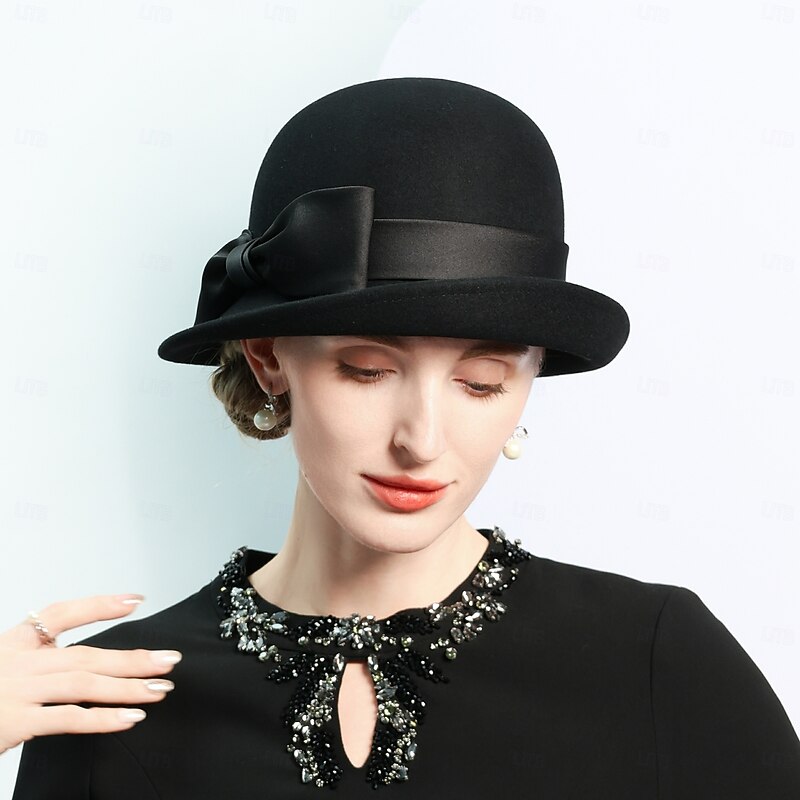 Hats 100% Wool Bowler / Cloche Hat Bucket Hat Top Hat Wedding Tea Party Elegant With Bowknot Pure Color Headpiece Headwear
