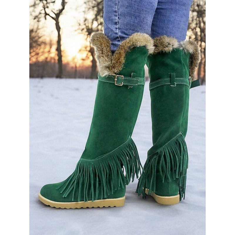Women's Green Suede Moccasin Winter Boots with Fur Lining and Fringe Detail – Cozy Knee-High Snow Boots for Cold Weather4