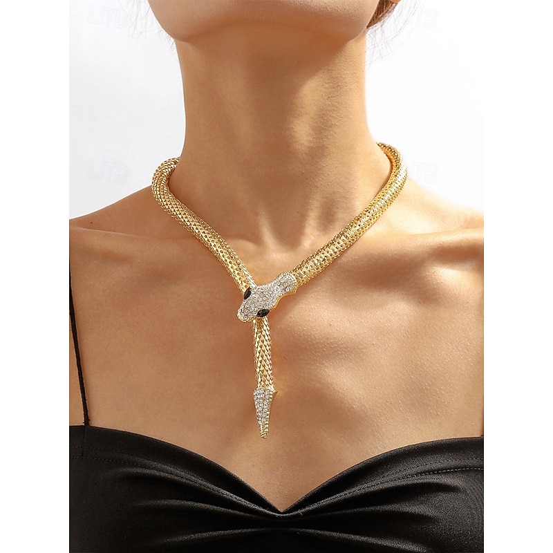 Elegant Gold Snake Necklace for Women – Rhinestone-Encrusted Statement Jewelry with Serpentine Design for Special Occasions and Parties