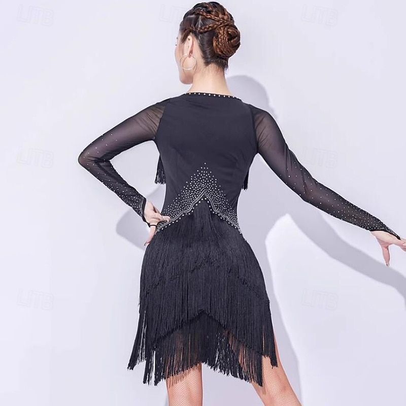 Latin Salsa Dance Dress Rhinestone Tassel Splicing Women's Performance Training Long Sleeve Mesh Milk Fiber3