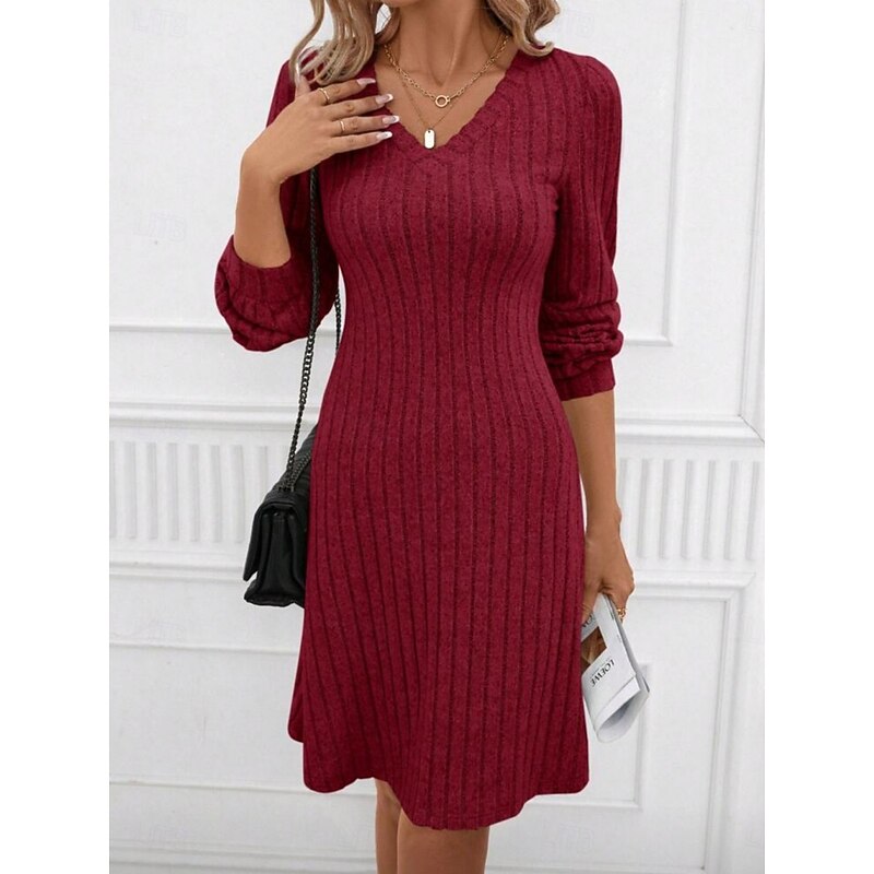 Women's Sweater Dress Mini Dress Patchwork Casual V Neck Long Sleeve Black Wine Color4
