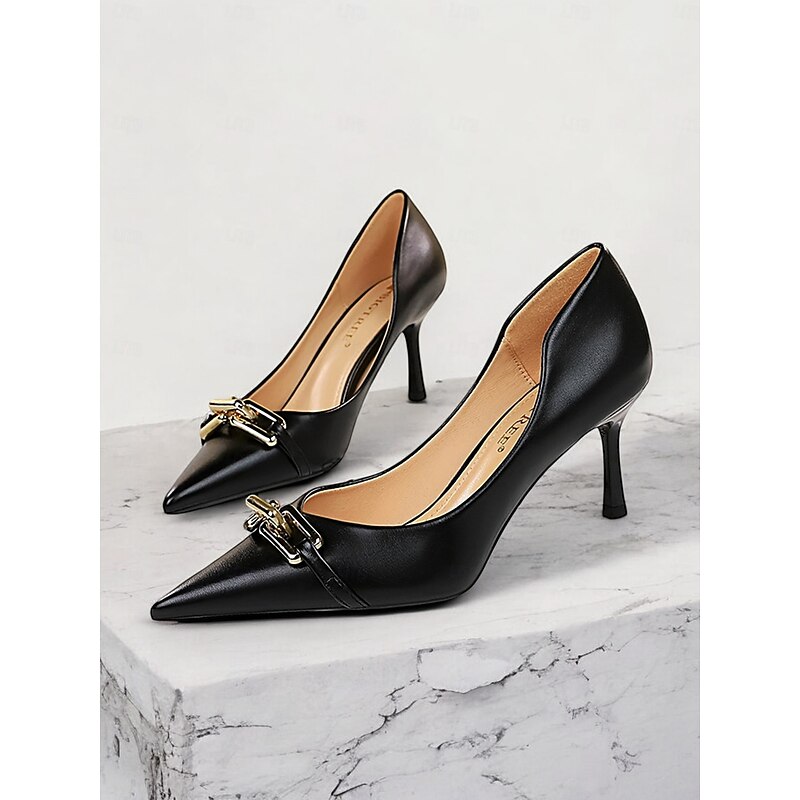 Women's Black Stiletto Heels with Gold Chain Detail – Elegant Pointed-Toe Pumps for Office, Parties, and Formal Events
